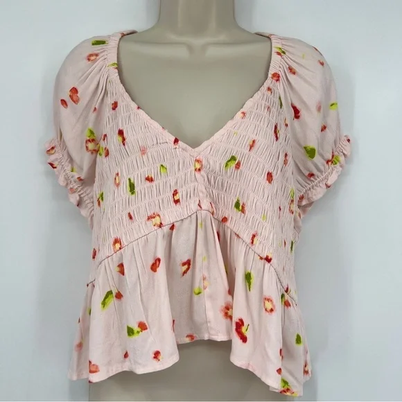 BP. Babydoll Shirred Pink Floral Smocked Short Sleeve Peplum Crop Top Multicolor - Picture 1 of 13